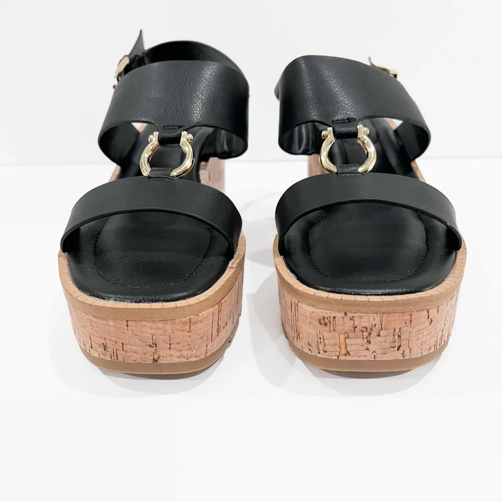 Giani Bernini Harperr Cork Platform Wedge Sandals Ankle Strap Black 6.5 NEW